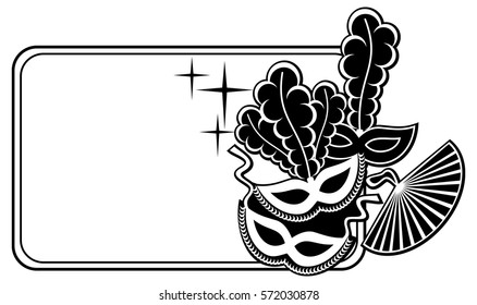 Silhouette  horizontal frame with carnival masks. Copy space. Vector clip art.