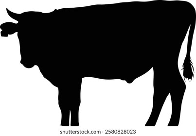 Silhouette of a horned bovine, standing in profile, a classic farm animal illustration.