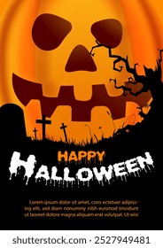 Silhouette horror Halloween graveyard with wording of even, example texts on Jack'o lantern devils background. Halloween greeting card in flat style and vector design.