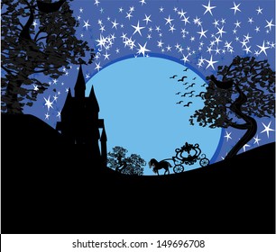 Silhouette of a horse carriage and a medieval castle 