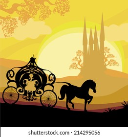 Silhouette of a horse carriage and a medieval castle 