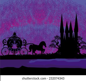 Silhouette of a horse carriage and a medieval castle 