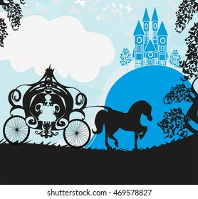 Silhouette of a horse carriage and a medieval castle