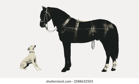 Silhouette of a horse and a dog facing each other. The horse is saddled, and the dog sits attentively. Black and white illustration of a horse and dog. Vintage animal illustration vector.