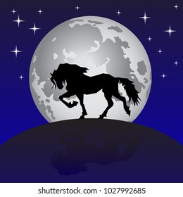 The silhouette of a horse drawn straight lines on a background of a large moon and a night sky with stars.