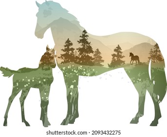 Silhouette of a horse with a foal. Inside there is a mountain landscape with a flowering meadow and a running horse.