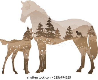 Silhouette of a horse with a foal. Inside there is a mountain landscape with a flowering meadow and a running horse. Brown tones	
