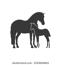 Silhouette of a horse and a foal standing together on a white background