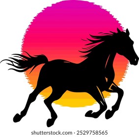 Uma silhueta de um cavalo galopando contra um rosa vibrante e um pôr do sol amarelo. Perfeito para a natureza, vida selvagem e projetos temáticos da liberdade com um toque dinâmico e colorido.