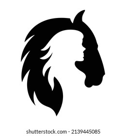 Silhouette of a horse and a girl's face in black on a white background