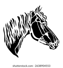 Silhouette of horse head. Vector beautiful illustration of black horse portrait isolated on white background. Stencil template for embroidery, logo, design, tattoo and laser cutting