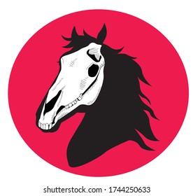 A silhouette of a horse head with white skull and pink circle on the background