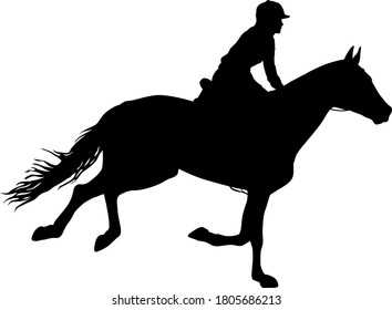 Silhouette of horse and jockey on white background