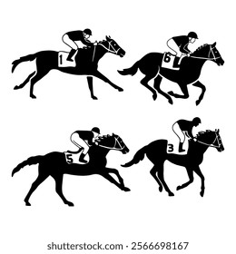 Silhouette of horse and jockey on white background collection