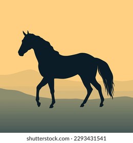 Silhouette horse, landscape, vector illustration, 