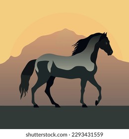Silhouette horse, landscape, vector illustration, mountain