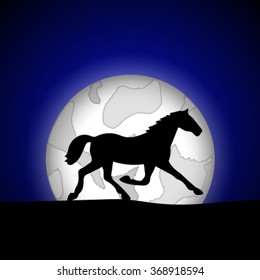 Silhouette of a horse on the background of the moon.