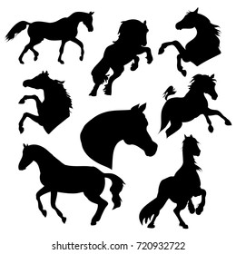 Silhouette horse on white background, vector illustration, set