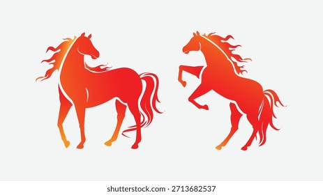 Silueta de un caballo posando elegantemente, de pie de lado y saltando, con mechones de pelo como llamas