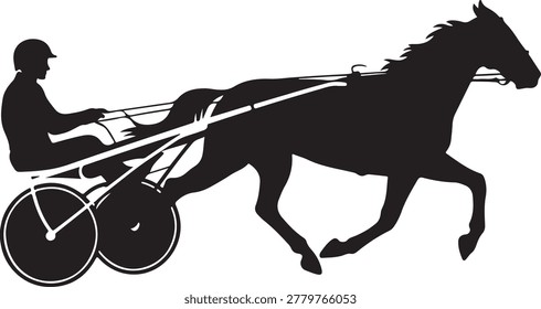 A silhouette of a horse pulling a sulky with a driver.