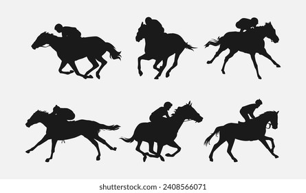 silhouette of horse racing set. sport, competition, rider, jockey, race. isolated on white background. vector illustration.