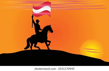 Silueta de un jinete que sostiene la bandera austriaca contra una puesta de sol vibrante, que simboliza el patriotismo y la fuerza. Ideal para viajes, cultura y contenido inspirador. Vector EPS disponible