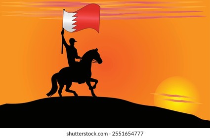 Silhouette of a horse rider holding the Bahraini flag against a vibrant sunset, symbolizing patriotism and strength. Ideal for travel, culture, and inspirational content. Vector EPS Available