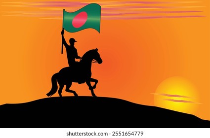 Silhouette of a horse rider holding the Bangladeshi flag against a vibrant sunset, symbolizing patriotism and strength. Ideal for travel, culture, and inspirational content. Vector EPS Available