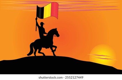 Silhueta de um cavaleiro que segura a bandeira da Bélgica contra um pôr do sol vibrante, simbolizando patriotismo e força. Ideal para viagens, cultura e conteúdo inspirador. EPS vetorial disponível