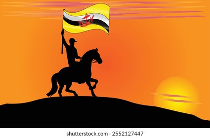 Silueta de un jinete sosteniendo la bandera de Brunéi contra una puesta de sol vibrante, que simboliza el patriotismo y la fuerza. Ideal para viajes, cultura y contenido inspirador. Vector EPS disponible