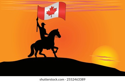 Silueta de un jinete que sostiene la bandera canadiense contra una puesta de sol vibrante, que simboliza el patriotismo y la fuerza. Ideal para viajes, cultura y contenido inspirador. Vector EPS disponible