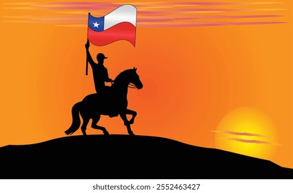 Silueta de un jinete que sostiene la bandera chilena contra una puesta de sol vibrante, simbolizando patriotismo y fuerza. Ideal para viajes, cultura y contenido inspirador. Vector EPS disponible