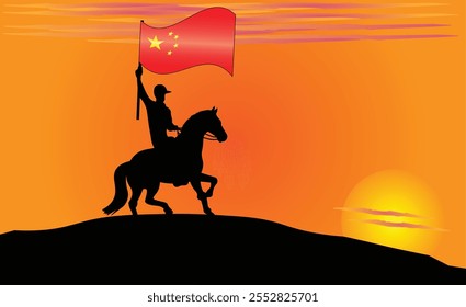 Silueta de un jinete de caballo sosteniendo la bandera china contra una puesta de sol vibrante, que simboliza el patriotismo y la fuerza. Ideal para viajes, cultura y contenido inspirador. Vector EPS disponible