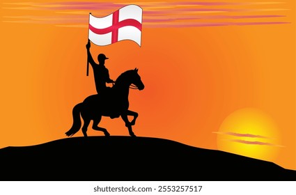 Silueta de un jinete que sostiene la bandera de Inglaterra contra una puesta de sol vibrante, que simboliza el patriotismo y la fuerza. Ideal para viajes, cultura y contenido inspirador. Vector EPS disponible