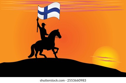 Silhouette of a horse rider holding the Finland flag against a vibrant sunset, symbolizing patriotism and strength. Ideal for travel, culture, and inspirational content. Vector EPS Available