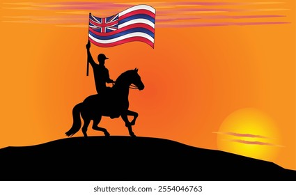 Silhouette of a horse rider holding the Hawaiian flag against a vibrant sunset, symbolizing patriotism and strength. Ideal for travel, culture, and inspirational content. Vector EPS Available