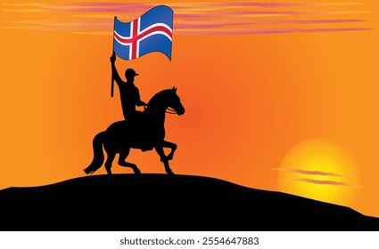 Silhouette of a horse rider holding the Iceland flag against a vibrant sunset, symbolizing patriotism and strength. Ideal for travel, culture, and inspirational content. Vector EPS Available