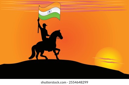 Silhouette of a horse rider holding the Indian flag against a vibrant sunset, symbolizing patriotism and strength. Ideal for travel, culture, and inspirational content. Vector EPS Available