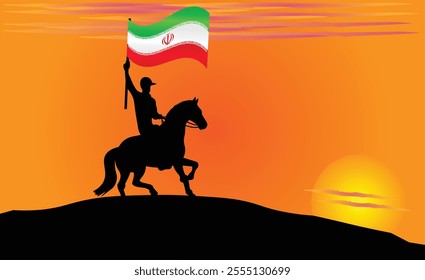 Silhouette of a horse rider holding the Irani flag against a vibrant sunset, symbolizing patriotism and strength. Ideal for travel, culture, and inspirational content. Vector EPS Available