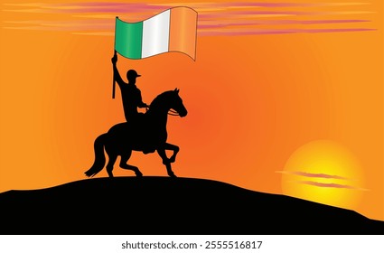 Silhouette of a horse rider holding the Ireland flag against a vibrant sunset, symbolizing patriotism and strength. Ideal for travel, culture, and inspirational content. Vector EPS Available