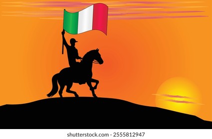 Silhouette of a horse rider holding the Italian flag against a vibrant sunset, symbolizing patriotism and strength. Ideal for travel, culture, and inspirational content. Vector EPS Available