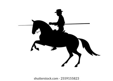 Silhouette of a horse rider holding a lance in traditional attire