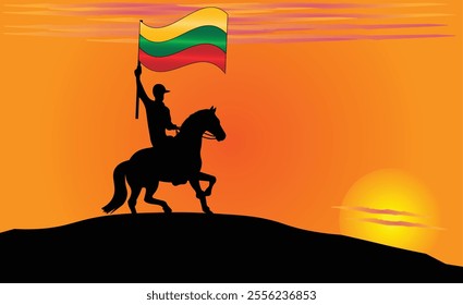 Silhouette of a horse rider holding the Lithuanian flag against a vibrant sunset, symbolizing patriotism and strength. Ideal for travel, culture, and inspirational content. Vector EPS Available