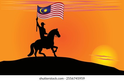 Silhouette of a horse rider holding the Malaysian flag against a vibrant sunset, symbolizing patriotism and strength. Ideal for travel, culture, and inspirational content. Vector EPS Available