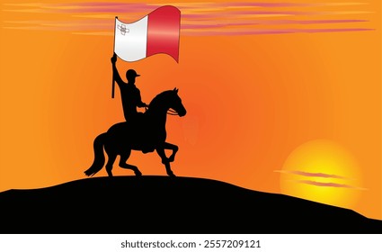 Silhouette of a horse rider holding the Malta flag against a vibrant sunset, symbolizing patriotism and strength. Ideal for travel, culture, and inspirational content. Vector EPS Available