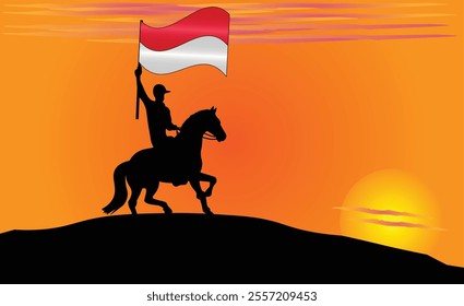 Silhouette of a horse rider holding the Monaco flag against a vibrant sunset, symbolizing patriotism and strength. Ideal for travel, culture, and inspirational content. Vector EPS Available