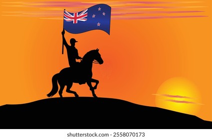 Silhouette of a horse rider holding the New Zealand flag against a vibrant sunset, symbolizing patriotism and strength. Ideal for travel, culture, and inspirational content. Vector EPS Available