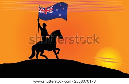 Silhouette of a horse rider holding the New Zealand flag against a vibrant sunset, symbolizing patriotism and strength. Ideal for travel, culture, and inspirational content. Vector EPS Available