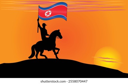 Silhouette of a horse rider holding the North Korea flag against a vibrant sunset, symbolizing patriotism and strength. Ideal for travel, culture, and inspirational content. Vector EPS Available