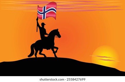 Silhouette of a horse rider holding the Norwegian flag against a vibrant sunset, symbolizing patriotism and strength. Ideal for travel, culture, and inspirational content. Vector EPS Available